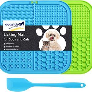 3 PIECE, 2 LARGE LICK MATS (BLUE, GREEN) AND A SPATULA